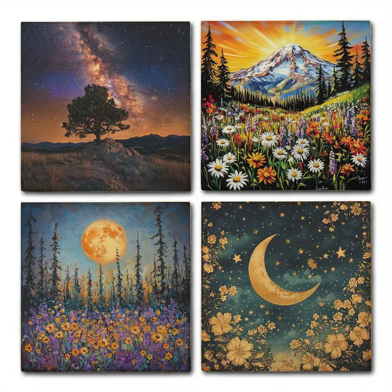 4pcs Sun And Moon View For Flower Garden Wall Art Canvas Framed