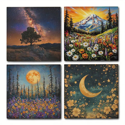 4pcs Sun And Moon View For Flower Garden Wall Art Canvas Framed