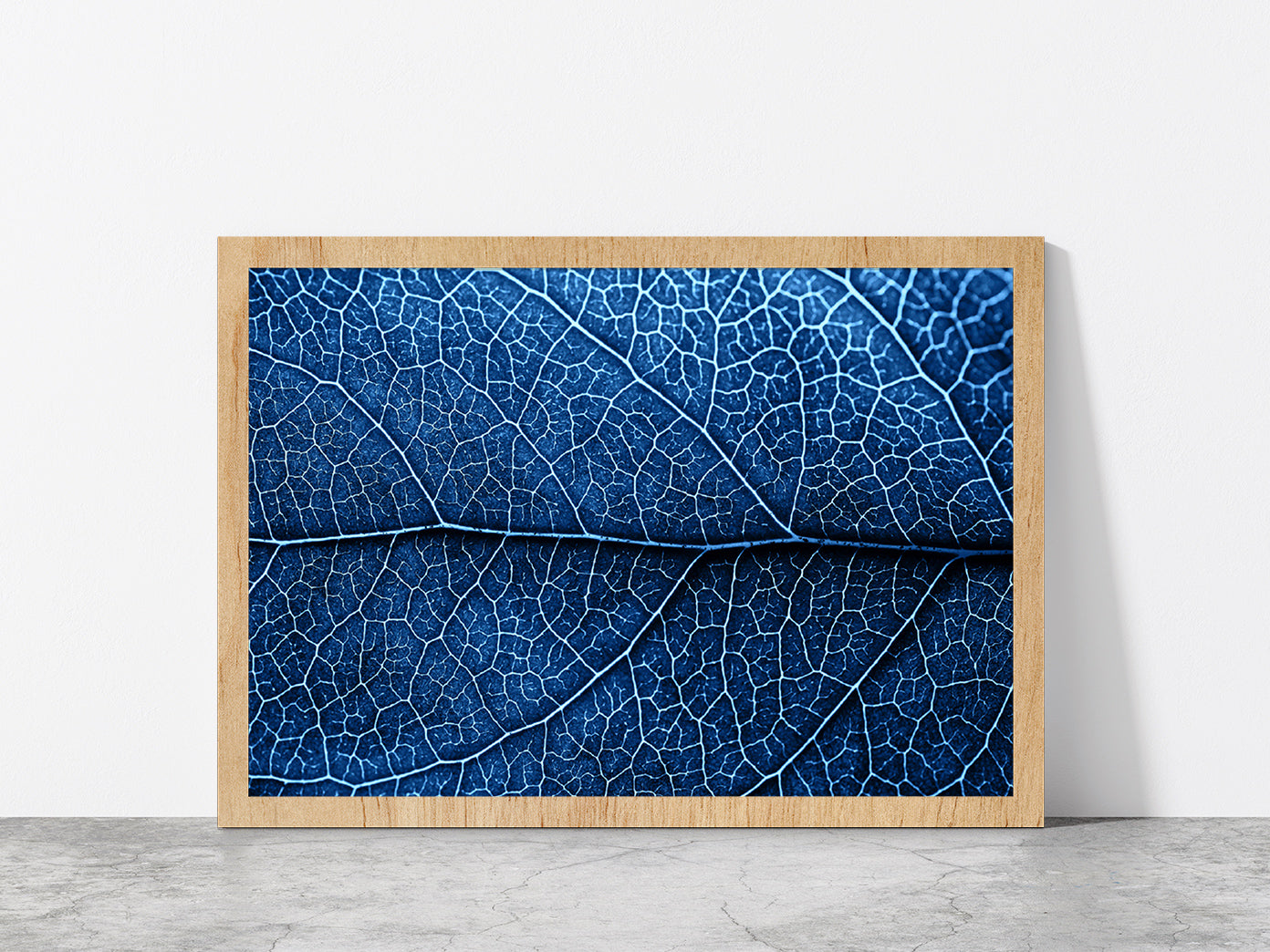 Autumn Blue Leaf With Brown Spots Glass Framed Wall Art, Ready to Hang Quality Print Without White Border Oak