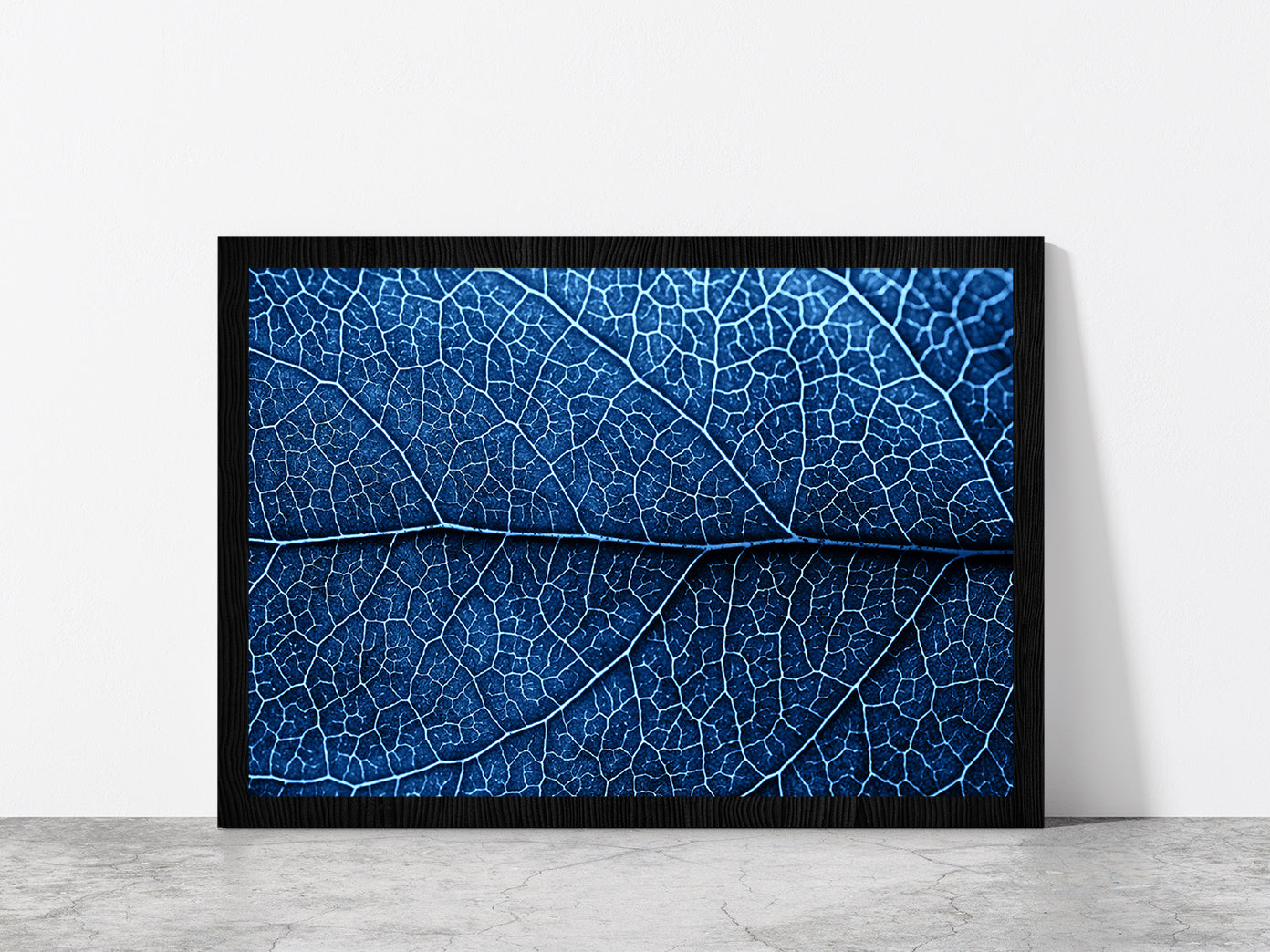 Autumn Blue Leaf With Brown Spots Glass Framed Wall Art, Ready to Hang Quality Print Without White Border Black