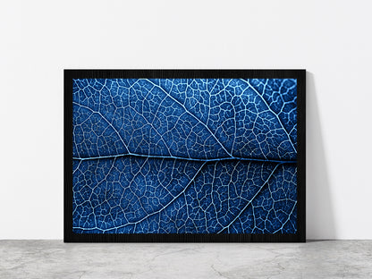 Autumn Blue Leaf With Brown Spots Glass Framed Wall Art, Ready to Hang Quality Print Without White Border Black