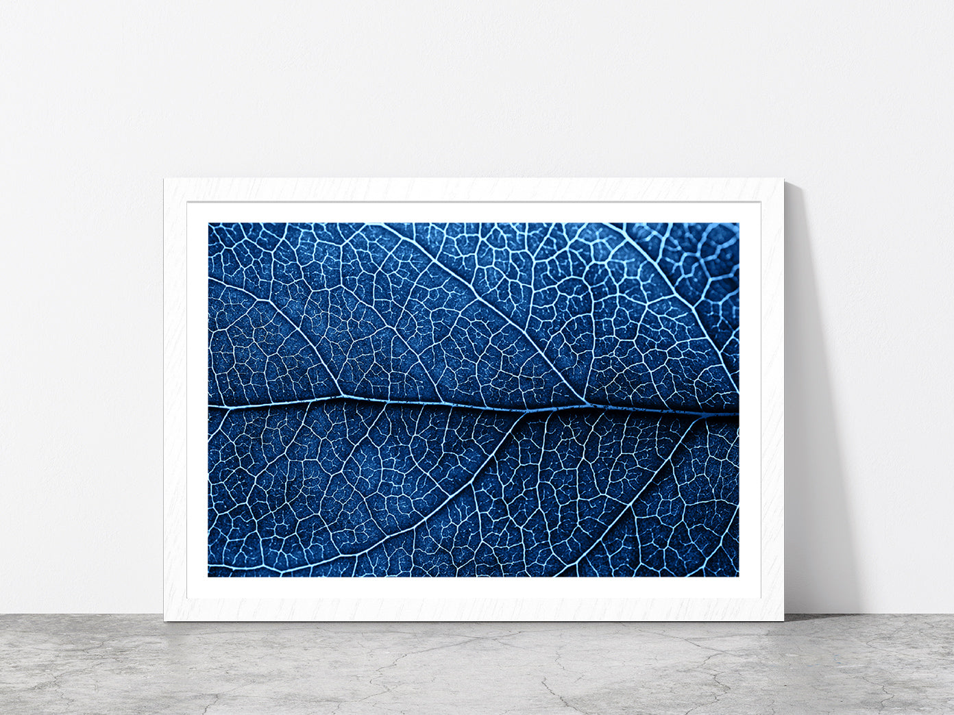 Autumn Blue Leaf With Brown Spots Glass Framed Wall Art, Ready to Hang Quality Print With White Border White