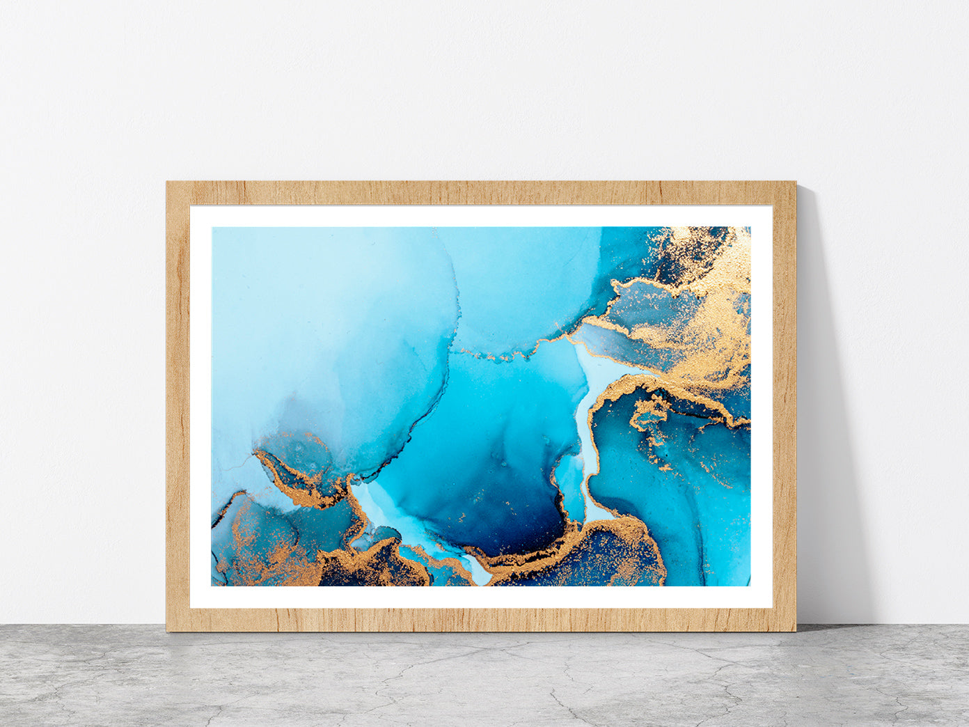 Blue Abstract Marble Liquid Art Glass Framed Wall Art, Ready to Hang Quality Print With White Border Oak