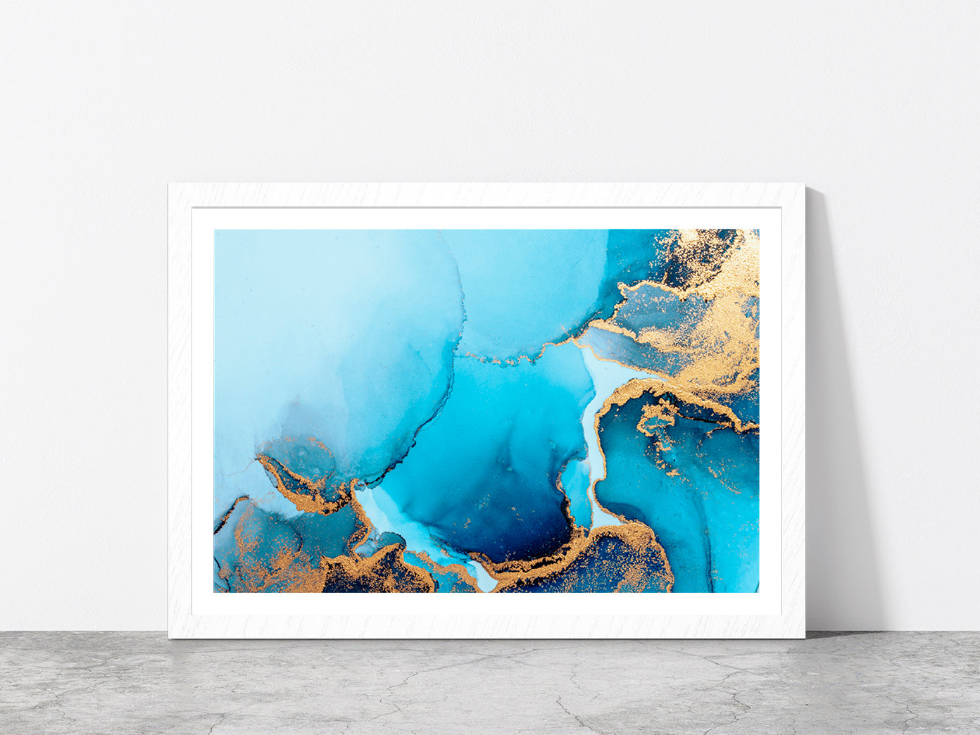 Blue Abstract Marble Liquid Art Glass Framed Wall Art, Ready to Hang Quality Print With White Border White