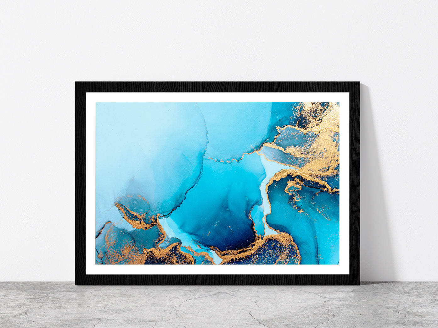 Blue Abstract Marble Liquid Art Glass Framed Wall Art, Ready to Hang Quality Print With White Border Black