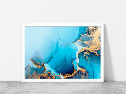 Blue Abstract Marble Liquid Art Glass Framed Wall Art, Ready to Hang Quality Print Without White Border White