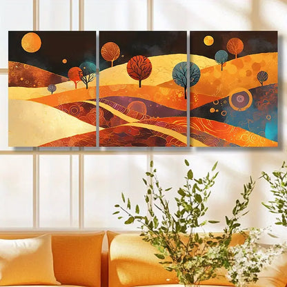 3pcs Rolling Hills, Trees, And Golden Sun Metal Print Ready to Hang Art