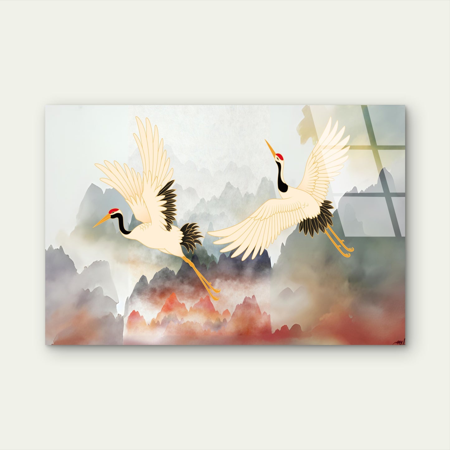 Japanese Cranes Flying Mountain Acrylic Glass Printing Wall Art Australian Made Quality