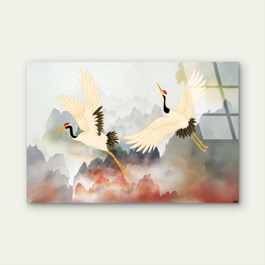 Japanese Cranes Flying Mountain Acrylic Glass Printing Wall Art Australian Made Quality