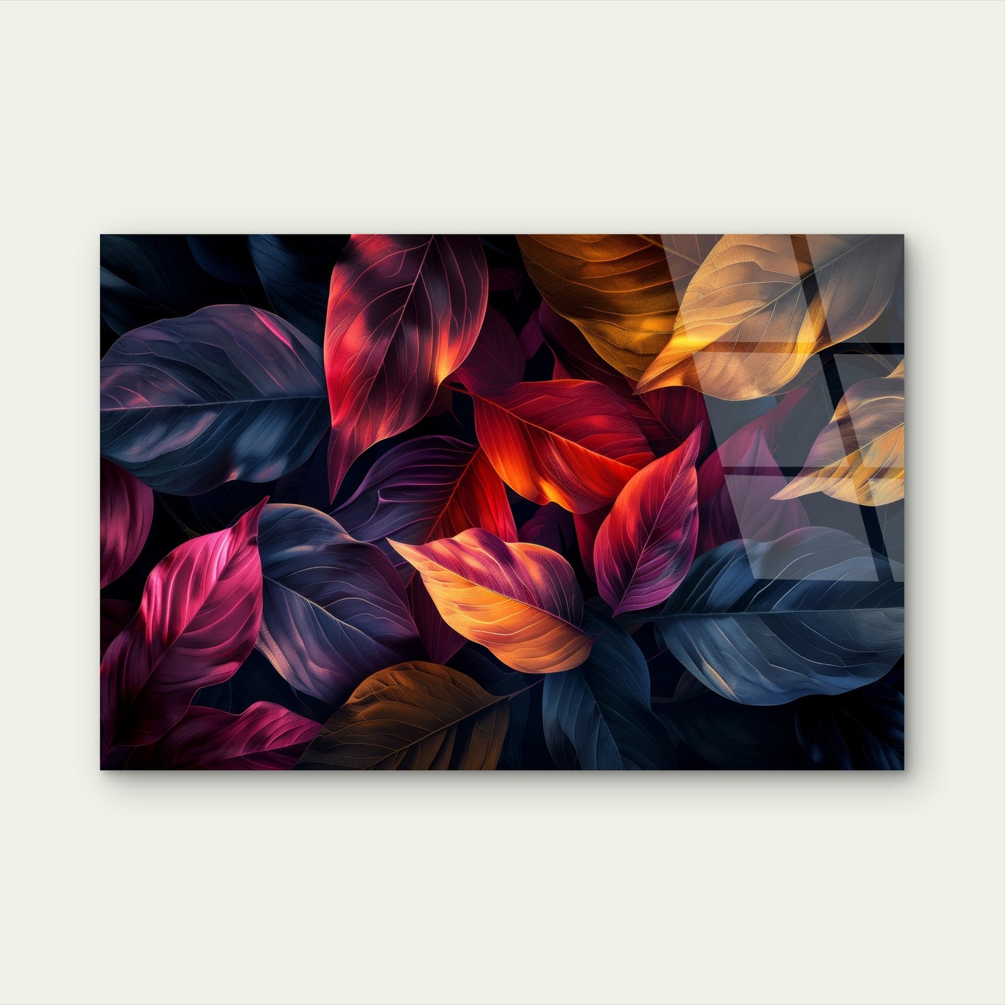 Dark Mood Colorful Autumn Leaves Botanical Foliage Pattern Acrylic Glass Printing Wall Art Australian Made Quality