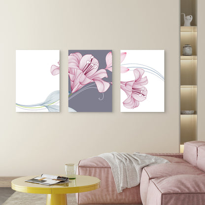 3pcs Pink Lily Amaryllis Floral Line Art  Wall Art Set Canvas Framed 60x90cm - High Quality Print 100% Australian Made Wall Canvas Ready to Hang