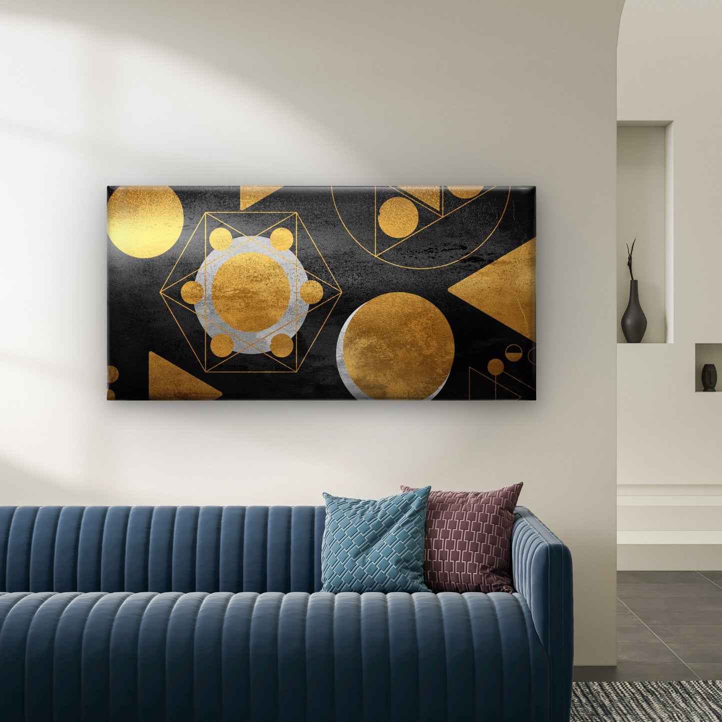 Black Gold Geometric Abstract Wall Art Canvas Office Home Room Framed 120x60cm