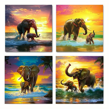 4pcs Seaside Elephants at Sunset  ES   Wall Art Canvas Framed