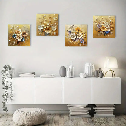 4pcs Golden Flowers Botanical Ar Themed Wall Art Canvas Framed