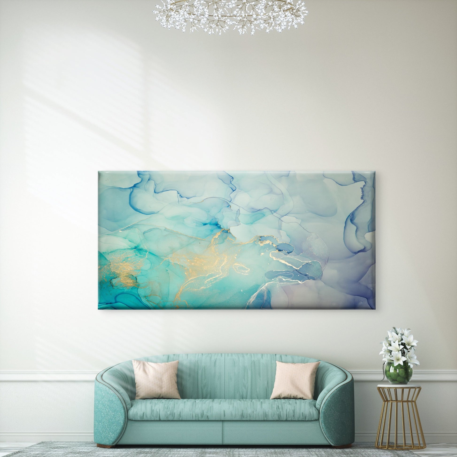 Turquoise Gold Alcohol Ink Wall Art Canvas Office Home Room Framed 120x60cm - Bella Home Decor