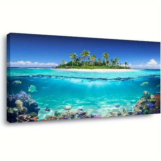 Vibrant Tropical Oceanic Split Waterline Scenery Palm Trees & Coral Reefs Wall Art canvas office home room framed 120x60cm - Bella Home Decor