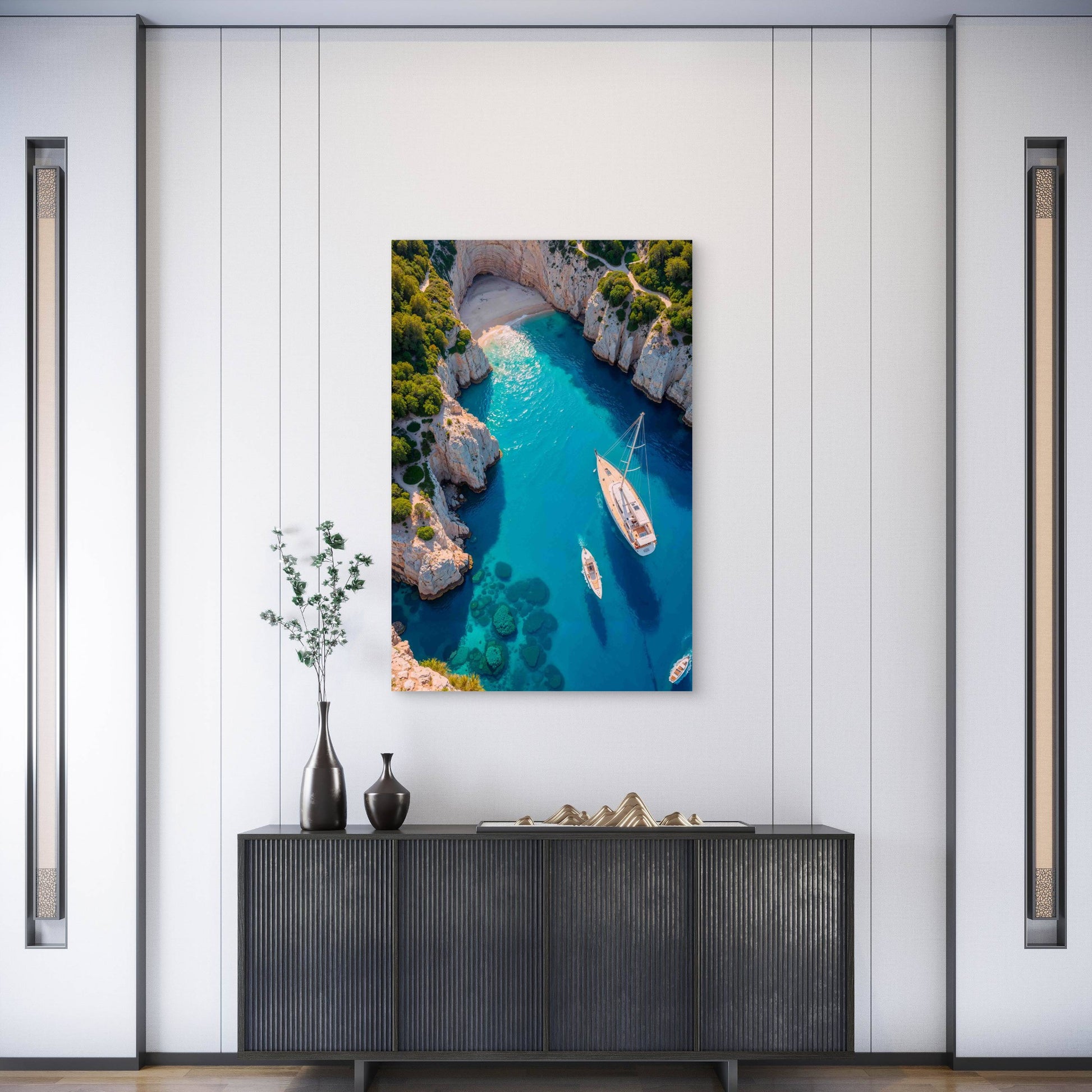 Aerial View Cove With Turquoise Water Boats 60x90cm Metal Print Ready to Hang