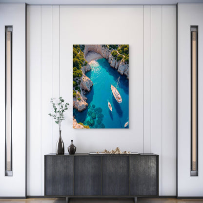 Aerial View Cove With Turquoise Water Boats 60x90cm Metal Print Ready to Hang