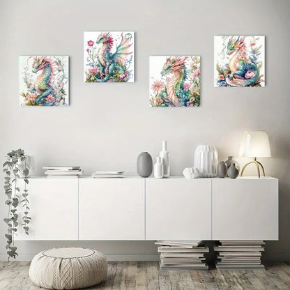 4pcs Vibrant Dragon & Floral Canvas Art Prints Wall Art Canvas Framed
