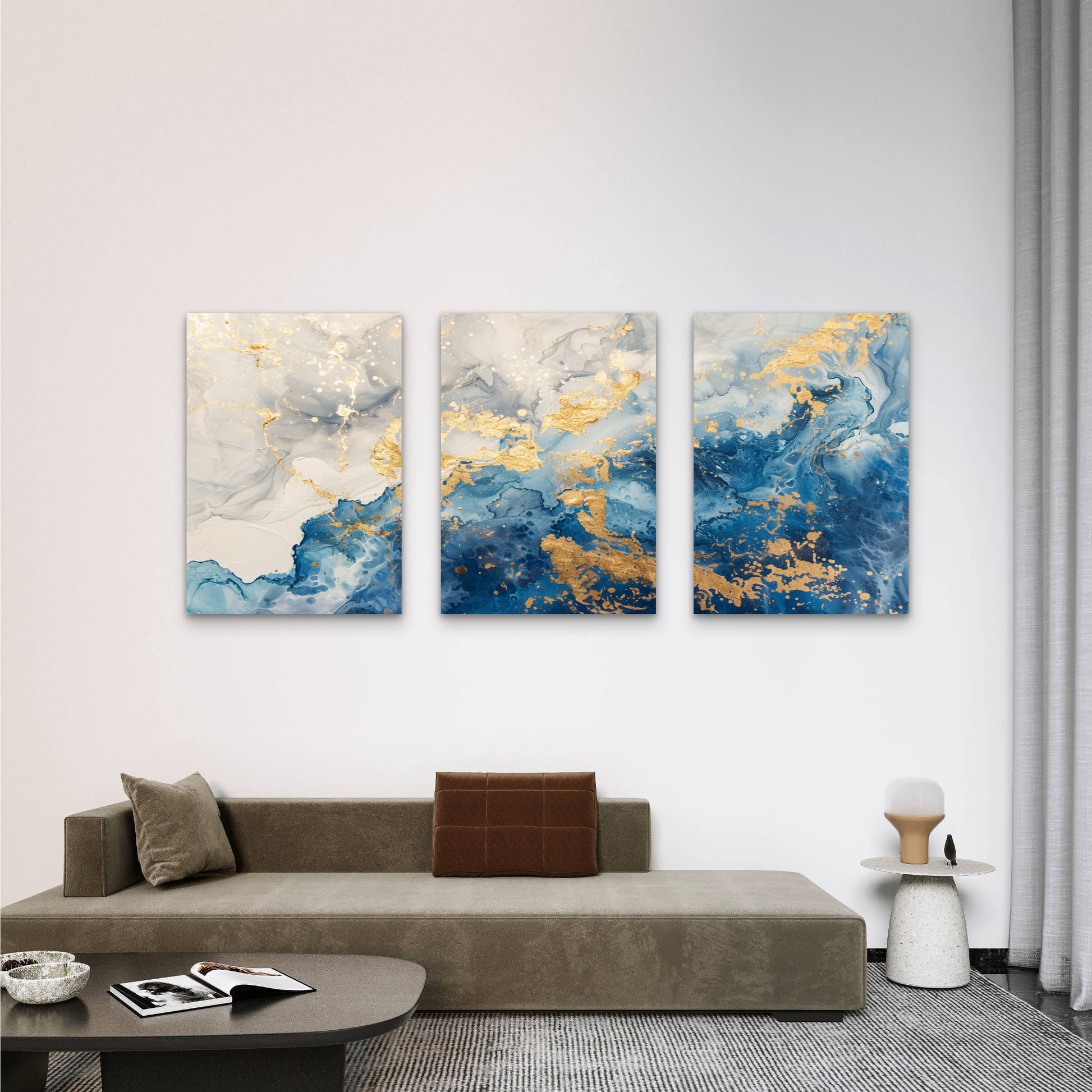 3pcs Blue Gold Fluid Ink Panel Set Wall Art Set Canvas Framed 40x60cm - High Quality Print 100% Australian Made Wall Canvas Ready to Hang - Bella Home Decor