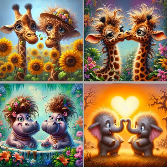 4pcs Giraffe, Hippo, Baby Elephant Designs Wall Art Canvas Framed