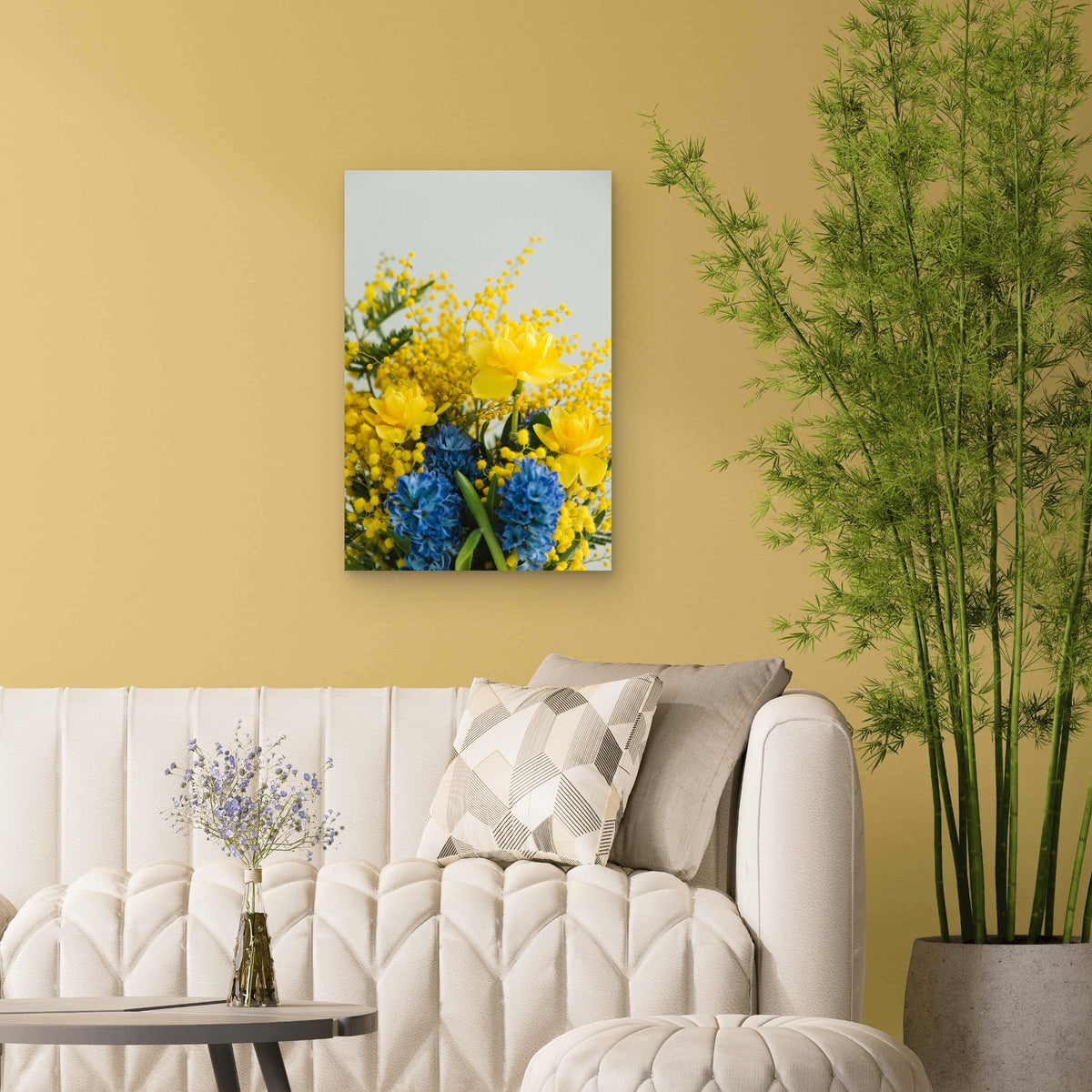 Bouquet Featuring Bright Yellow And Blue Flowers 40x60cm Metal Print Ready to Hang