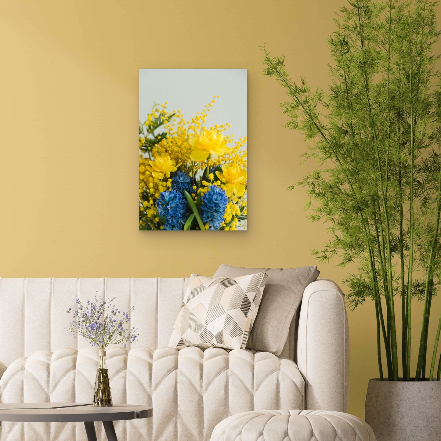 Bouquet Featuring Bright Yellow And Blue Flowers 60x90cm Metal Print Ready to Hang