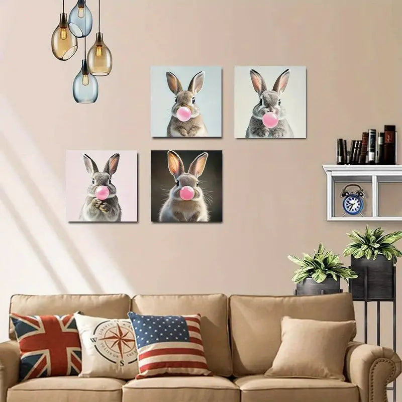 4pcs Rabbit Bubble Blowing  Wall Art Canvas Framed