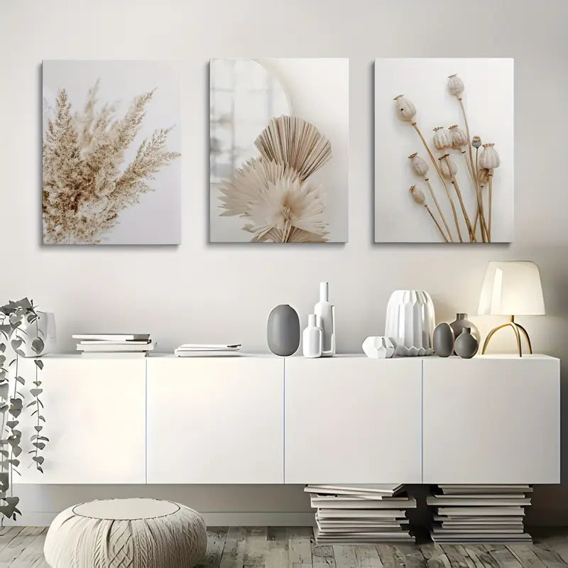 3pcs Cattail Reed & Dried Leaf Pattern Metal Print Ready to Hang Art - Bella Home Decor