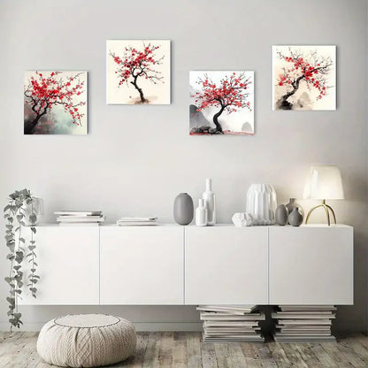 4pcs Red Chinese Plum Picture Wall Art Canvas Framed