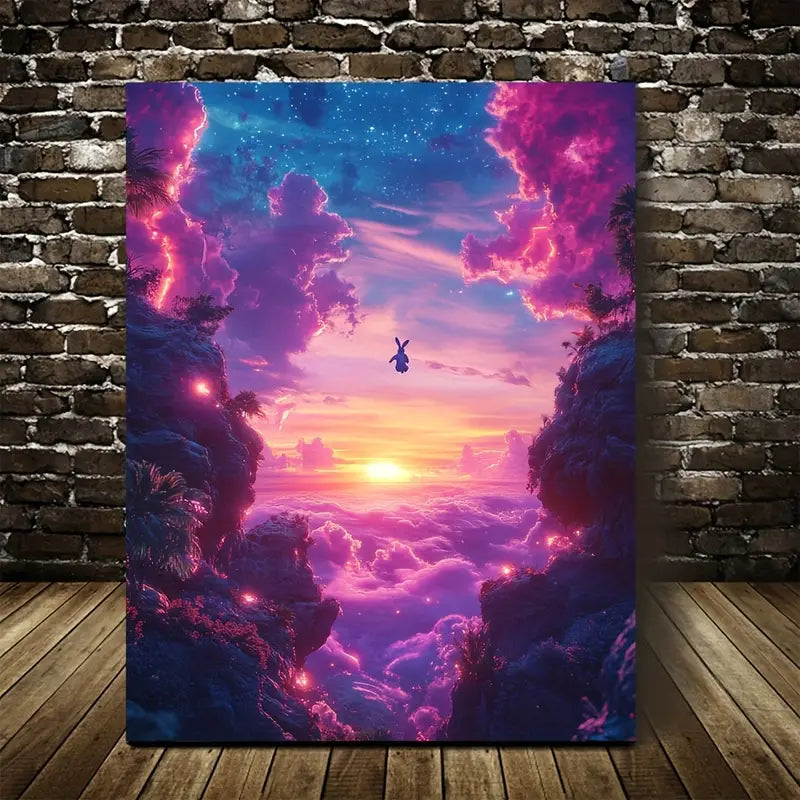 Whimsical Rabbit & Glowing Sunset Sky Painting 40x60cm Metal Print Ready to Hang - Bella Home Decor