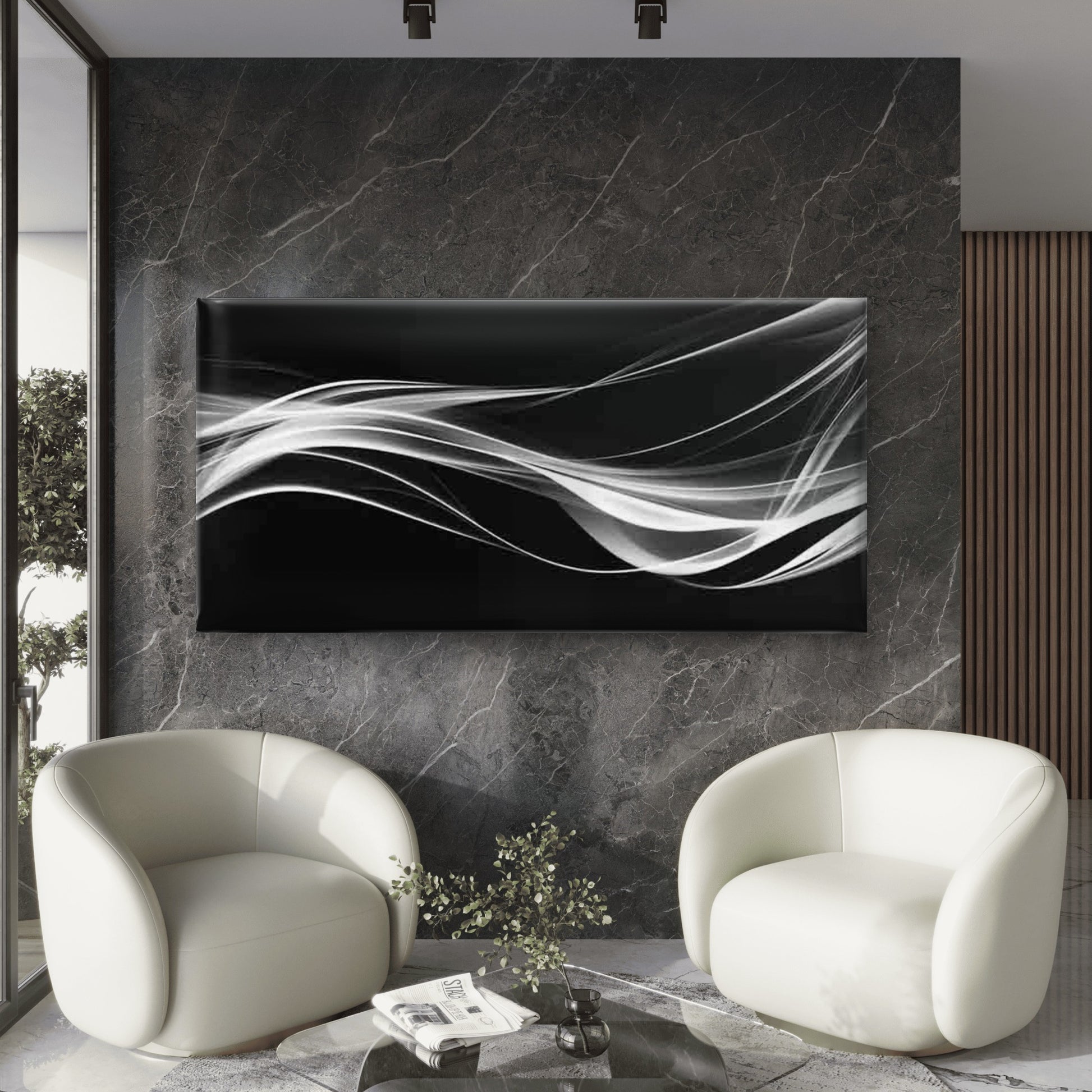 Abstract White Waves Wall Art Canvas Office Home Room Framed 120x60cm - Bella Home Decor