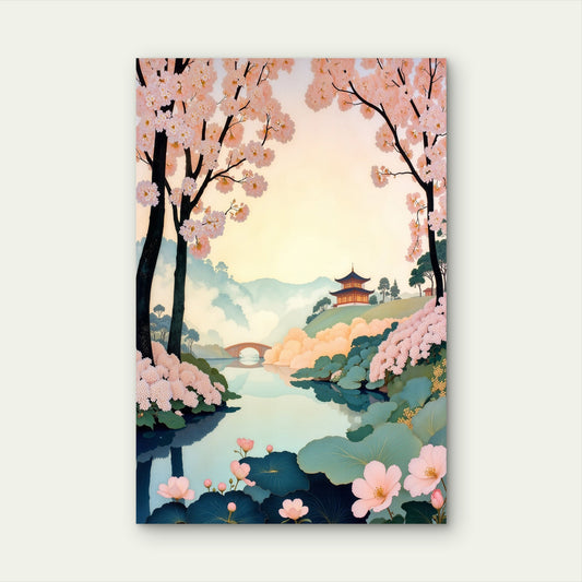 Japanese Cherry Blossom Pagoda Temple 40x60cm Metal Print Ready to Hang