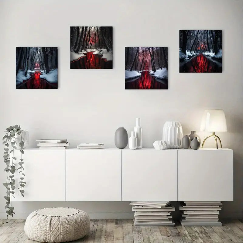 4pcs Bloodstained Reflection In Snowy Forest Wall Art Canvas Framed