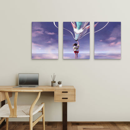 3pcs Mythical White Fantasy Dragon Pastel Cloud Metal Print Ready to Hang Art