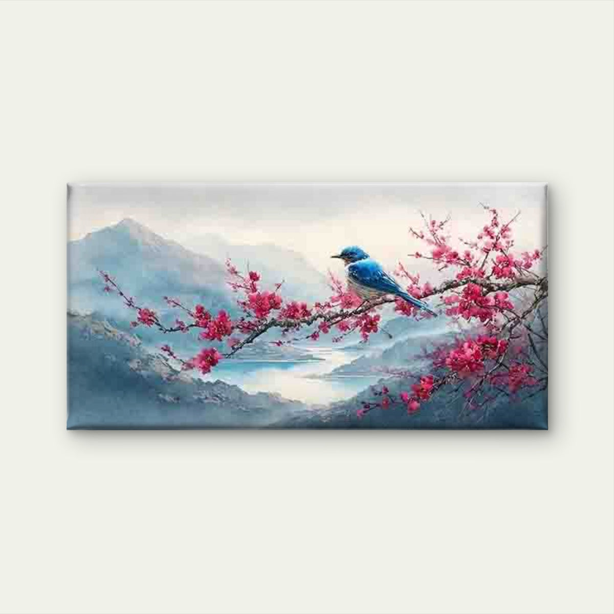 Blue Bird on Cherry Blossom Wall Art Canvas Office Home Room Framed 120x60cm