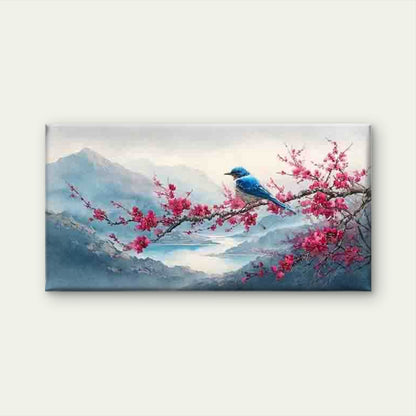 Blue Bird on Cherry Blossom Wall Art Canvas Office Home Room Framed 120x60cm