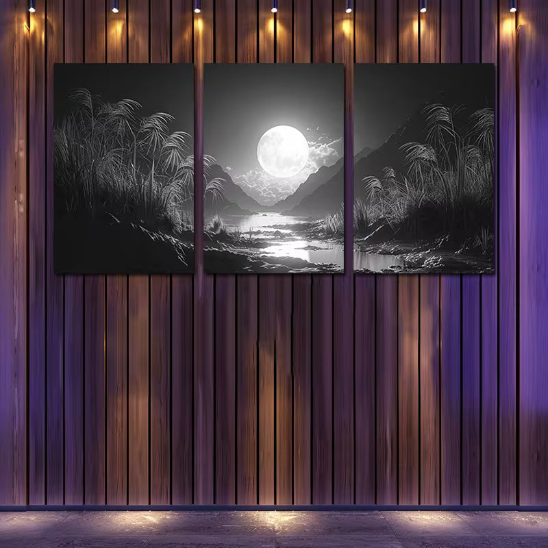 3pcs Moonlit Mountain and River Landscape Wall Art Set Canvas Framed 40x60cm - High Quality Print 100% Australian Made Wall Canvas Ready to Hang