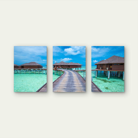 3pcs Maldives Overwater Bungalow Tropical Ocean Wall Art Set Canvas Framed 40x60cm - High Quality Print 100% Australian Made Wall Canvas Ready to Hang