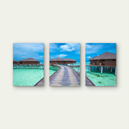 3pcs Maldives Overwater Bungalow Tropical Ocean Wall Art Set Canvas Framed 50x70cm - High Quality Print 100% Australian Made Wall Canvas Ready to Hang