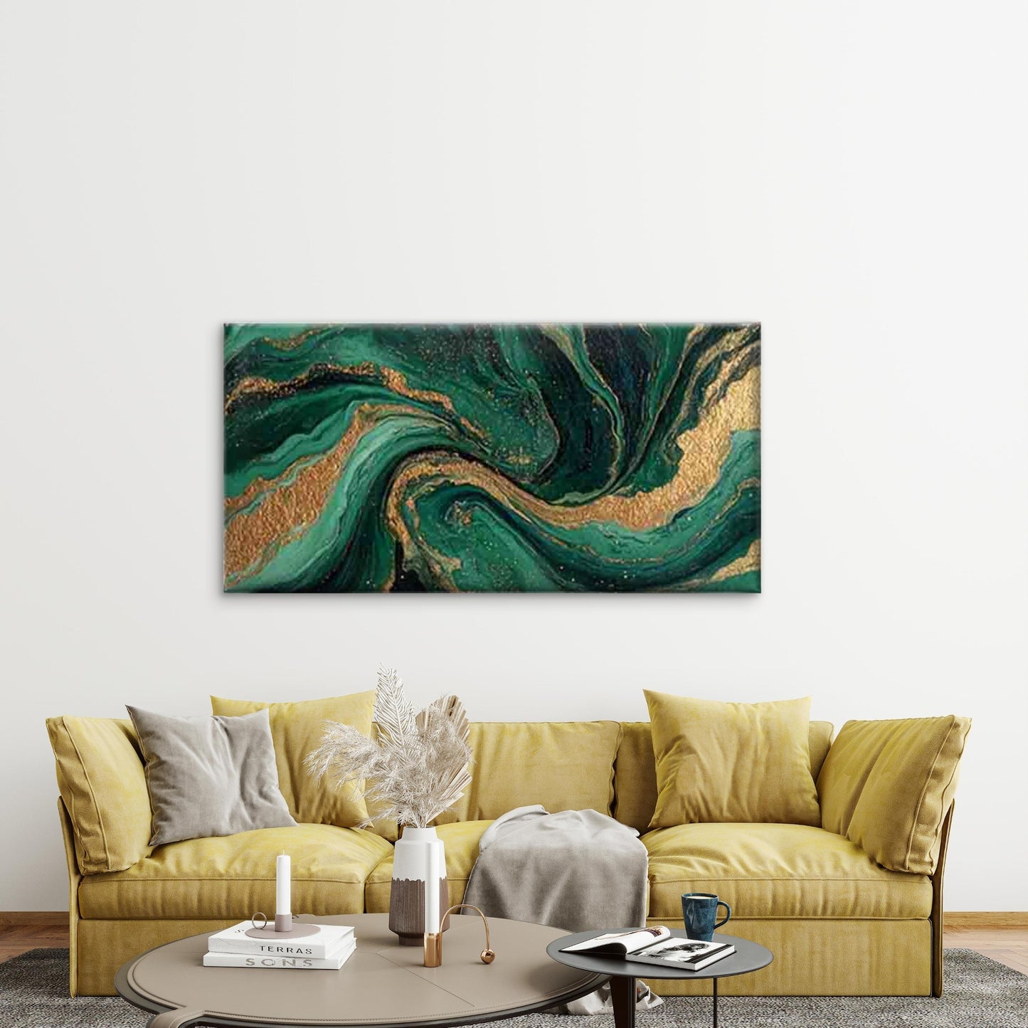 Emerald And Golden Fluid Art Wall Art Canvas Office Home Room Framed 120x60cm - Bella Home Decor