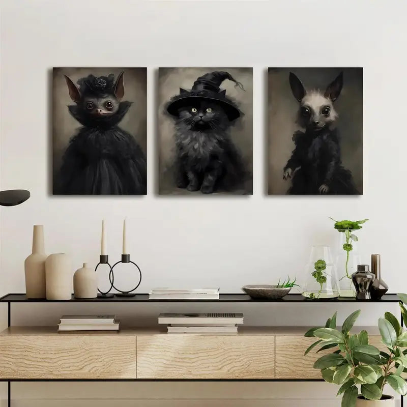 3pcs Dark School Bat Black Cat Chupacabra Metal Print Ready to Hang Art - Bella Home Decor