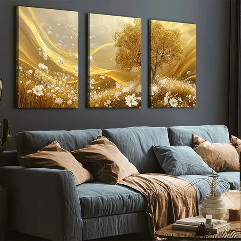 3pcs Golden Grassland Light Luxury Art Calm Wall Art Set Canvas Unframed - High Quality Print 100% Australian Made Wall Canvas - Bella Home Decor