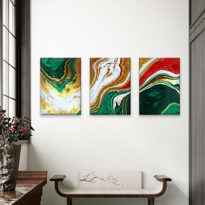 3pcs Green Red Luxury Fluid Gold Swirls Wall Art Set Canvas Framed 60x90cm - High Quality Print 100% Australian Made Wall Canvas Ready to Hang