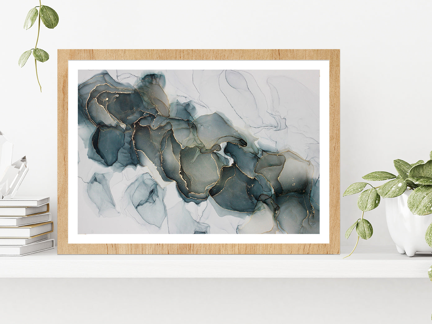 Grey & Gold Abstract Painting Glass Framed Wall Art, Ready to Hang Quality Print With White Border Oak