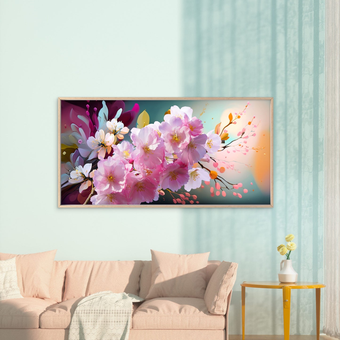 Pink Cherry Blossom Painting Wall Art Canvas Office Home Room Framed 120x60cm