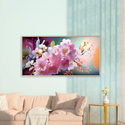 Pink Cherry Blossom Painting Wall Art Canvas Office Home Room Framed 120x60cm
