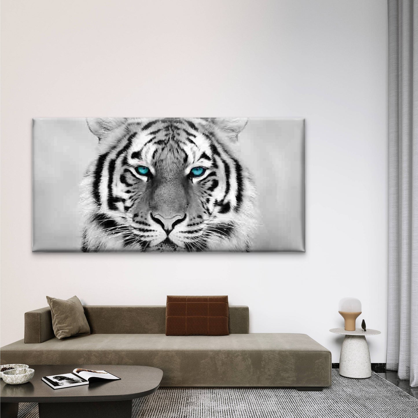 White Tiger Blue Eyes Wall Art Canvas Office Home Room Framed 120x60cm
