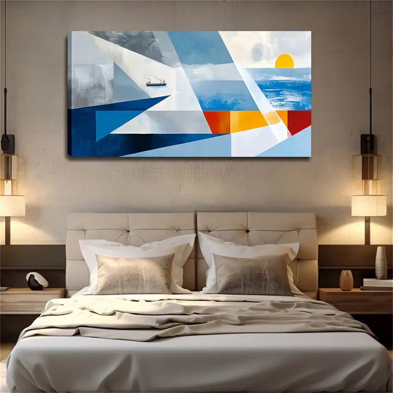 Modern Abstract Geometric Seascape Wall Art Canvas Office Home Room Framed 120x60cm - Bella Home Decor