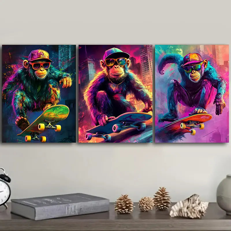 3pcs Monkey Skateboarding Triptych Metal Print Ready to Hang Art